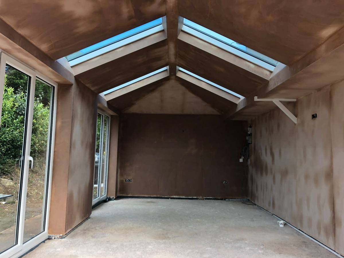 Vaulted ceiling with skylights freshly skimmed, Devon